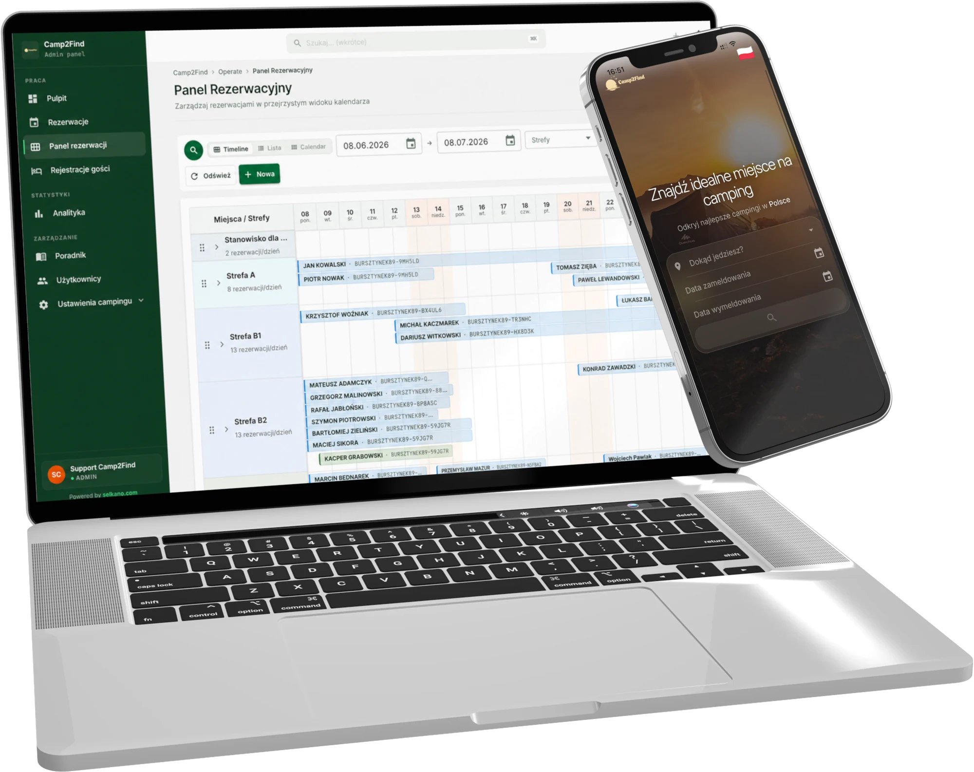 Camp2Find reservation dashboard open on a MacBook